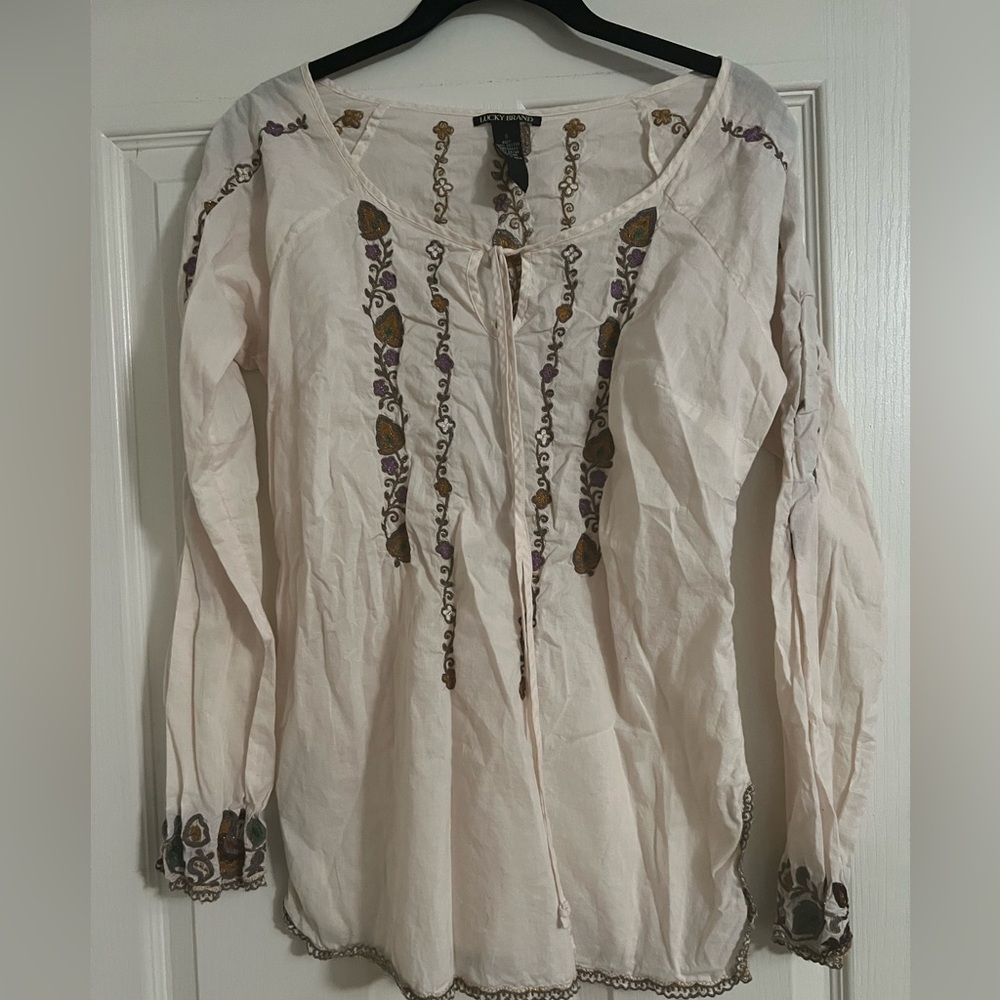 Lucky boho embroidered floral tie front cream color long sleeved 100% cotton top